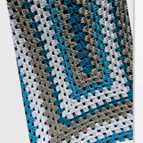 Handmade Crochet Granny Square Blanket 32 x 37 inch Teal Gray White - Picture 3 of 7